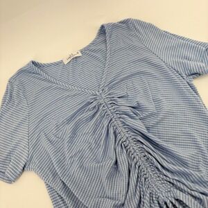 Rebellious Dreamer Women XL Blue Striped Ruched V Neck Short Sleeve Crop Top